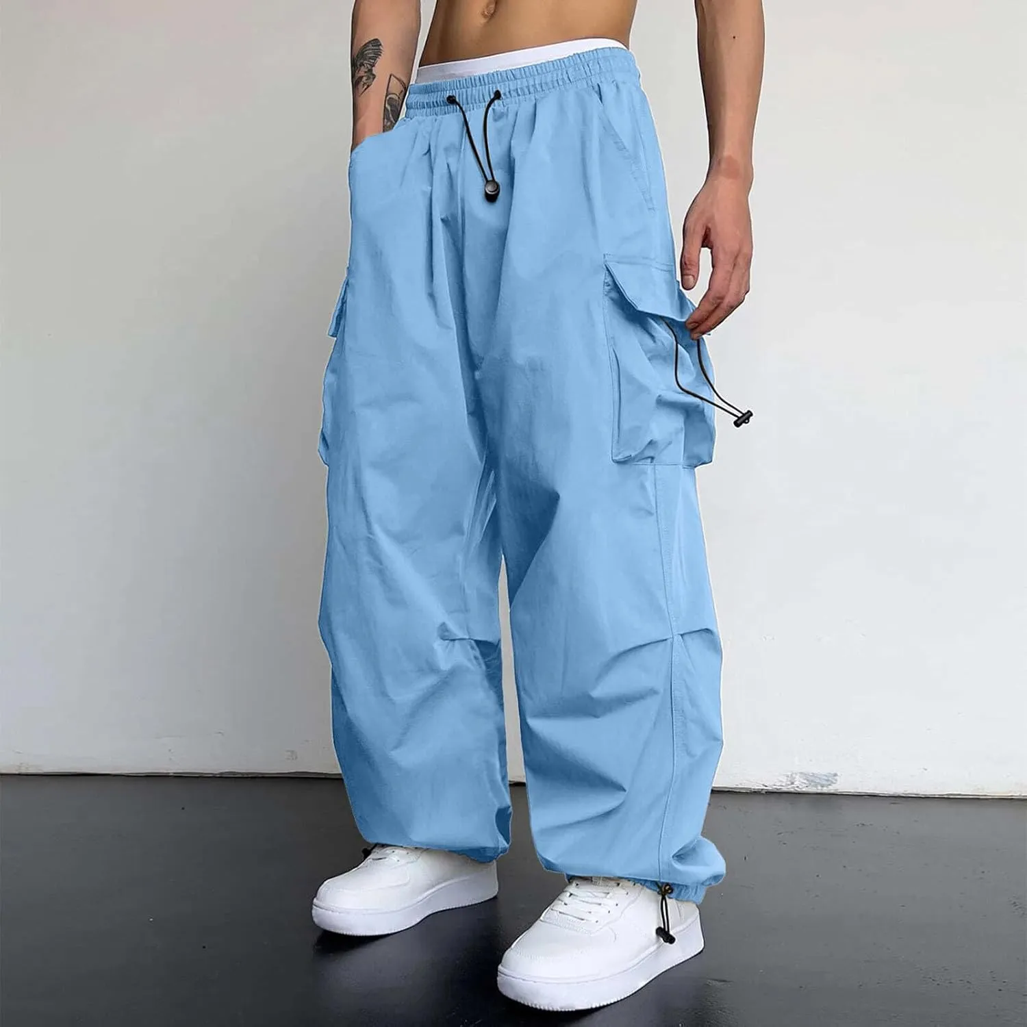 Cargo Joggers Men Loose Fit Wide Leg Casual Joggers Elastic Waist Cargo Work Pants Multi Pockets