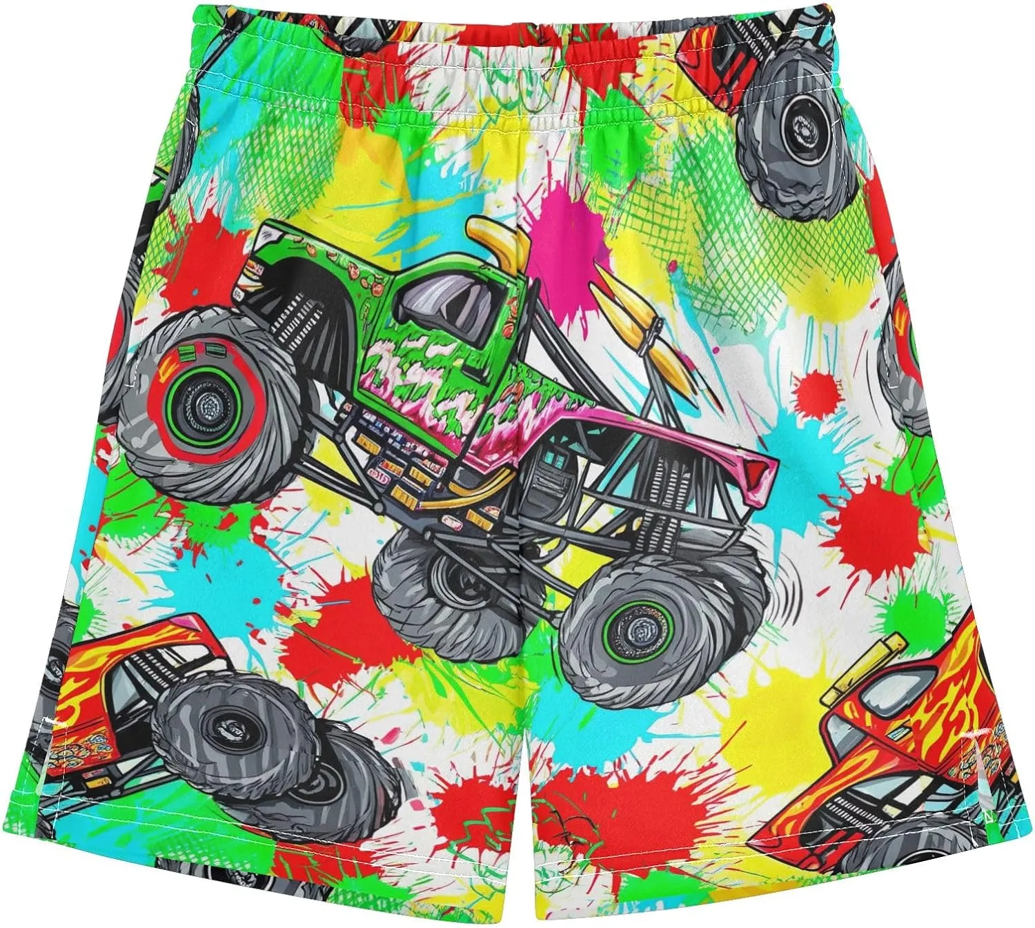 CHIFIGNO Colorful Monster Trucks Tie Dye Boy Summer Casual Shorts Athletic Shorts Elastic Waist with Pockets Outdoor 7-15Y