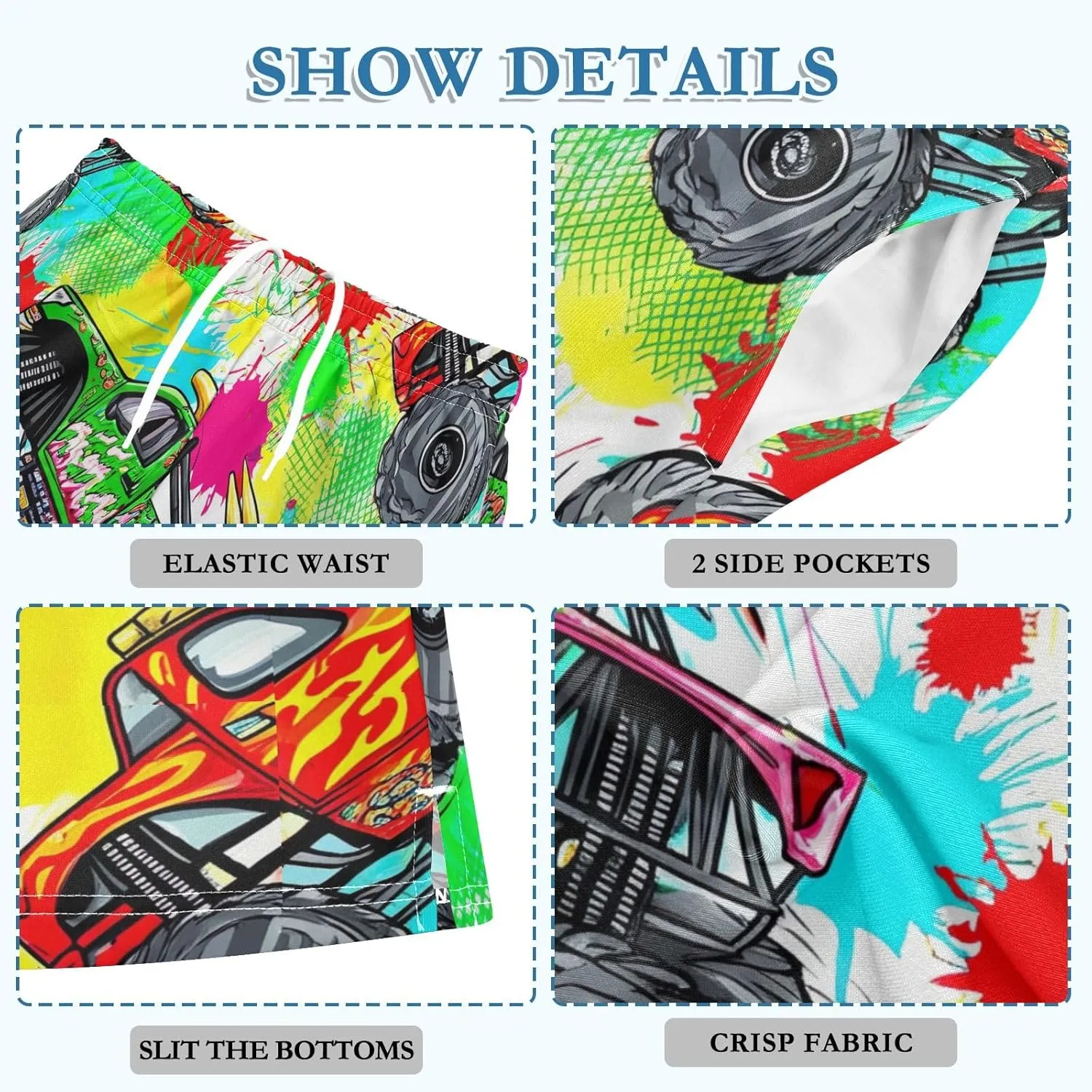 CHIFIGNO Colorful Monster Trucks Tie Dye Boy Summer Casual Shorts Athletic Shorts Elastic Waist with Pockets Outdoor 7-15Y