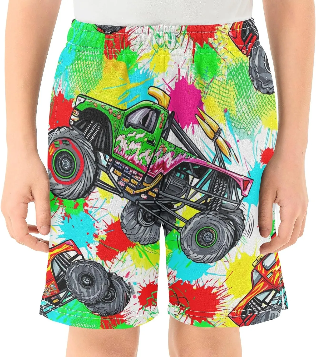 CHIFIGNO Colorful Monster Trucks Tie Dye Boy Summer Casual Shorts Athletic Shorts Elastic Waist with Pockets Outdoor 7-15Y