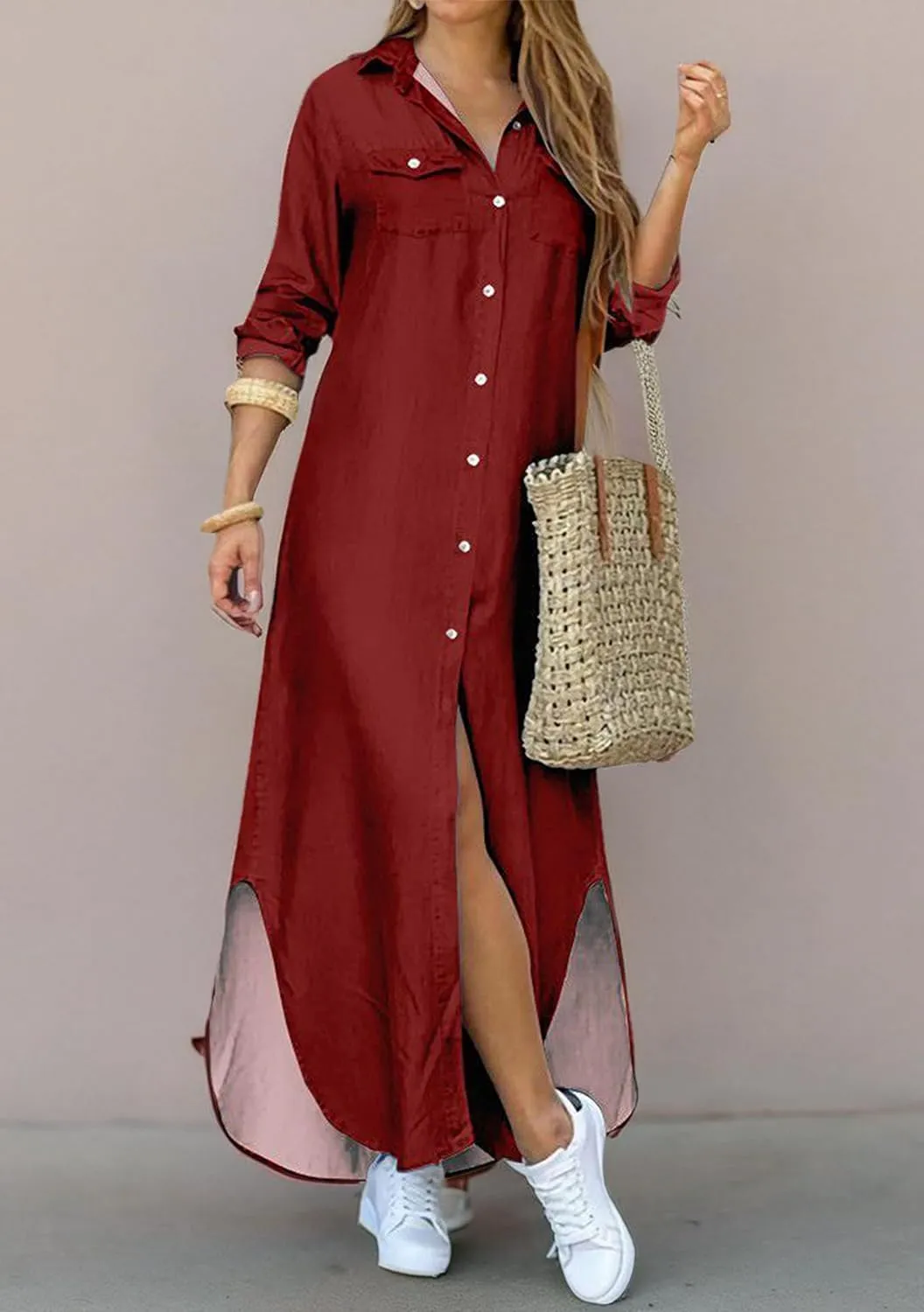 DIACACY W9omen's Casual Lapel Collar Floral Print Maxi Dresses Side Slit Long Sleeves Loose Slim Shirt Dresses