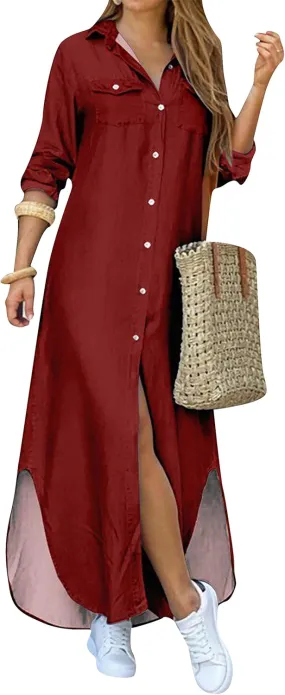 DIACACY W9omen's Casual Lapel Collar Floral Print Maxi Dresses Side Slit Long Sleeves Loose Slim Shirt Dresses