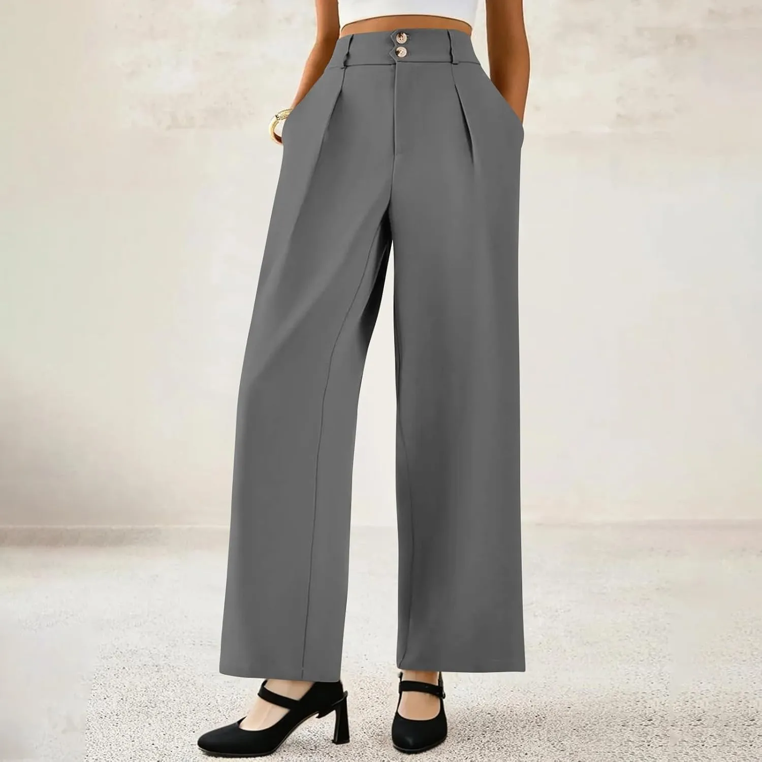 Dress Pants Women Loose Fit High Waisted Formal Wide Leg Trousers Button Flowy Office Business Work Slacks with Pockets