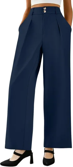 Dress Pants Women Loose Fit High Waisted Formal Wide Leg Trousers Button Flowy Office Business Work Slacks with Pockets