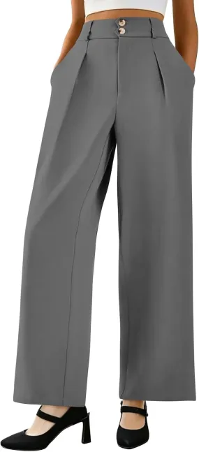 Dress Pants Women Loose Fit High Waisted Formal Wide Leg Trousers Button Flowy Office Business Work Slacks with Pockets