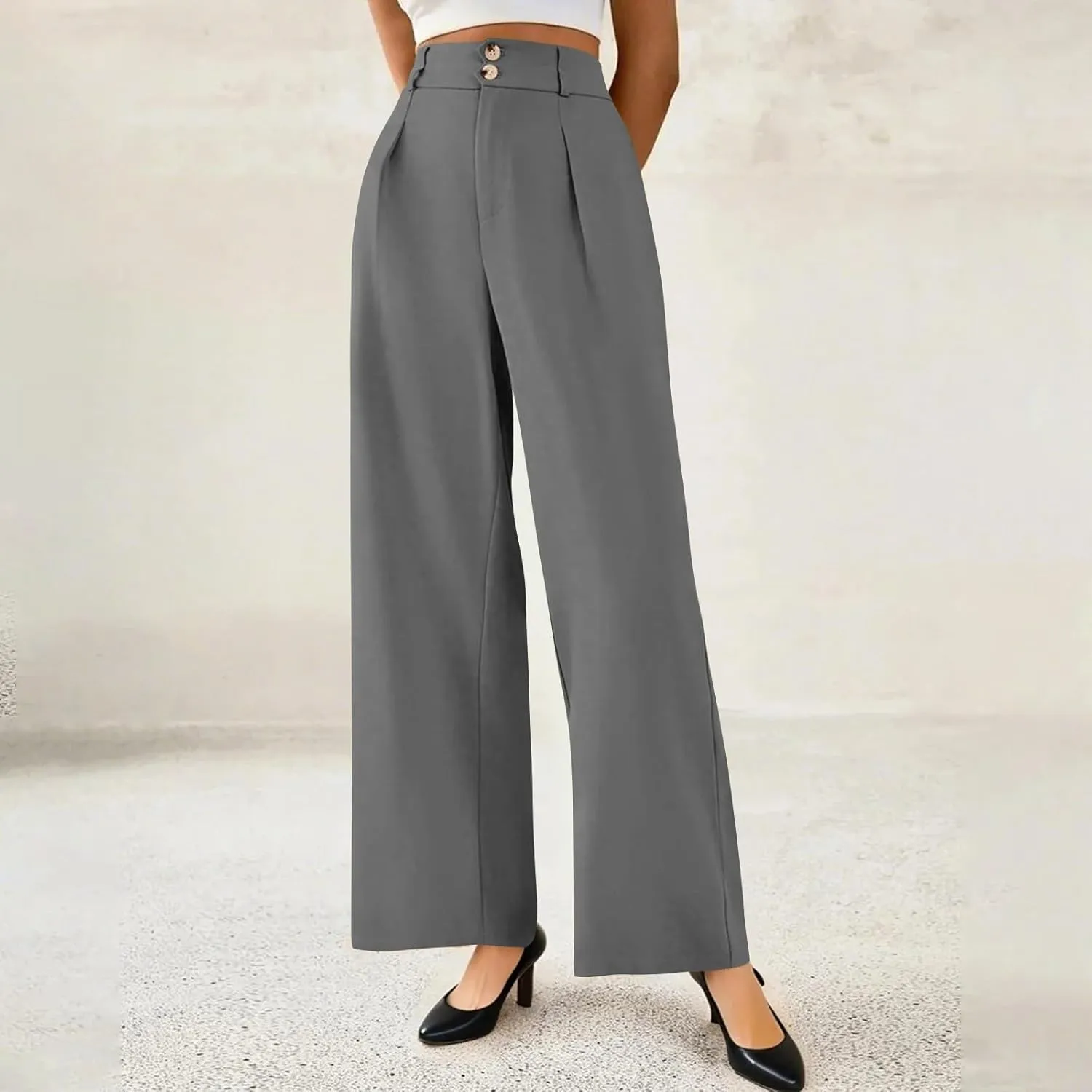 Dress Pants Women Loose Fit High Waisted Formal Wide Leg Trousers Button Flowy Office Business Work Slacks with Pockets