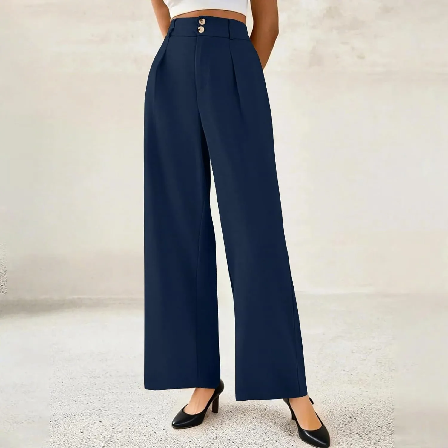 Dress Pants Women Loose Fit High Waisted Formal Wide Leg Trousers Button Flowy Office Business Work Slacks with Pockets