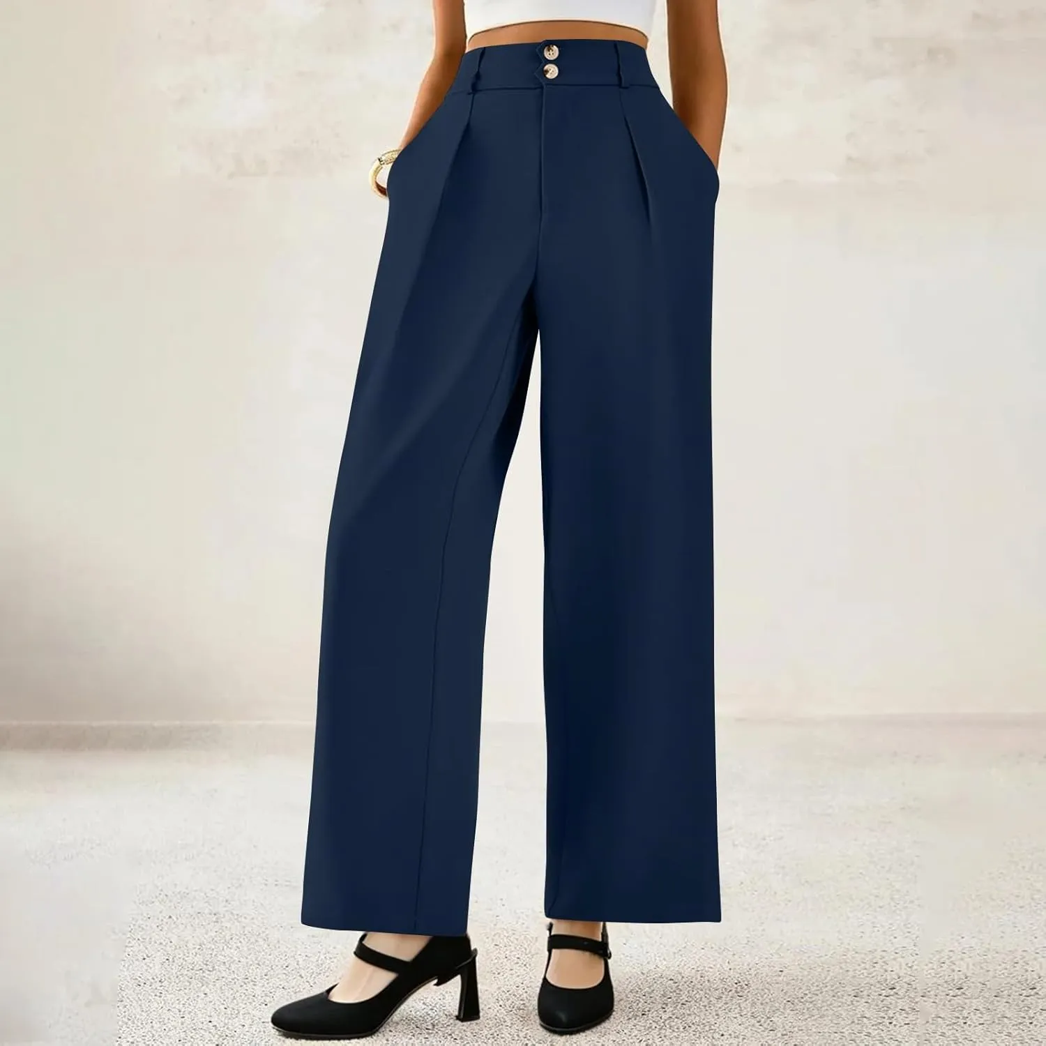 Dress Pants Women Loose Fit High Waisted Formal Wide Leg Trousers Button Flowy Office Business Work Slacks with Pockets