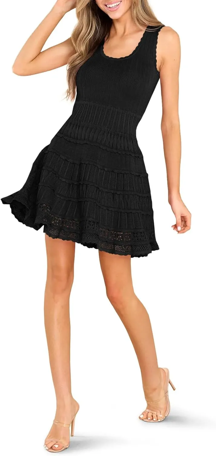 Fisoew Womens Summer Mini Dresses Casual Crewneck Knitted Crochet Hem Flowy Tank Sundress