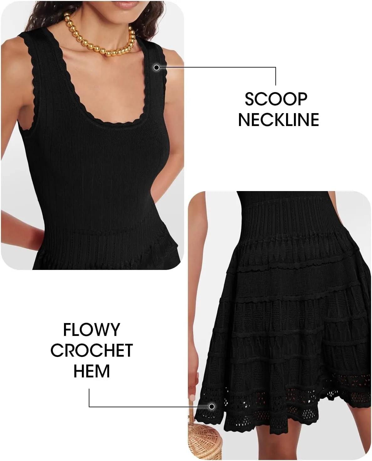 Fisoew Womens Summer Mini Dresses Casual Crewneck Knitted Crochet Hem Flowy Tank Sundress
