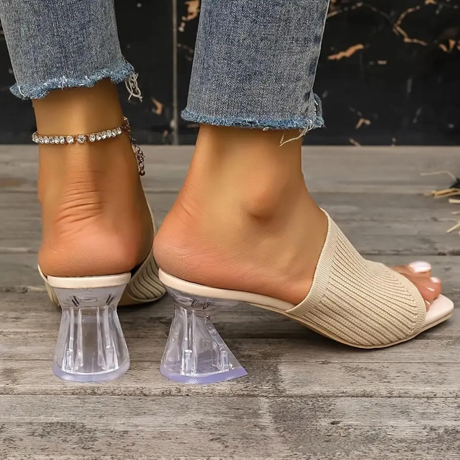Heeled Mules for Women Square Toe Slip On Slides Chunky Block Pumps Knit Mules Summer Heels for Work Office