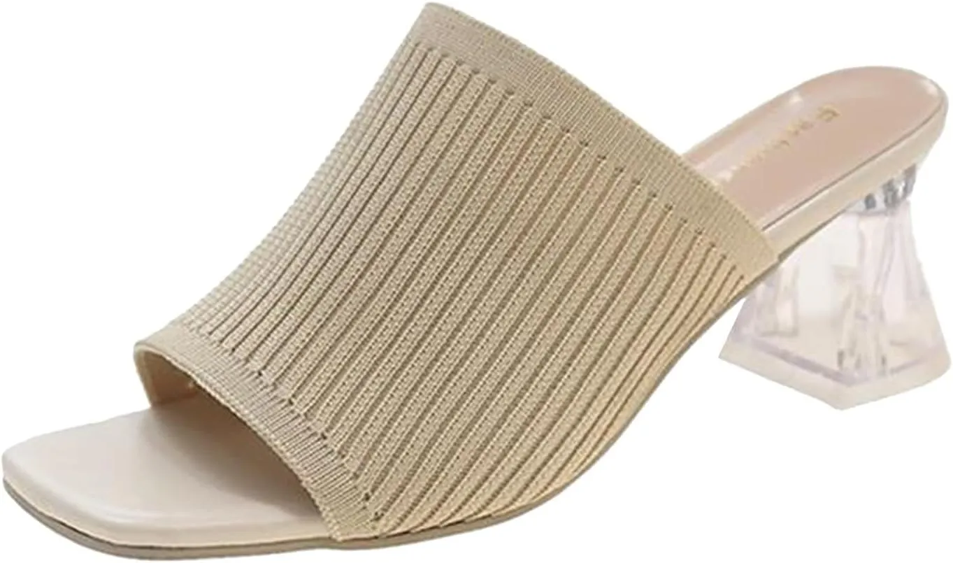 Heeled Mules for Women Square Toe Slip On Slides Chunky Block Pumps Knit Mules Summer Heels for Work Office