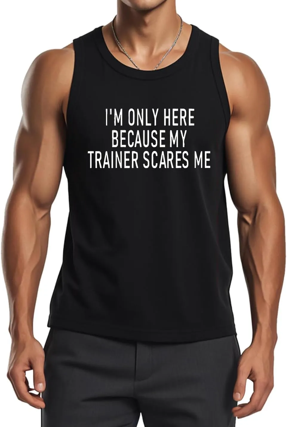 I'm Here Because My Trainer Scares Me Gym Quote Graphic Men's Fitness Cotton Tank Comfortable Breathable T-Shirt Top