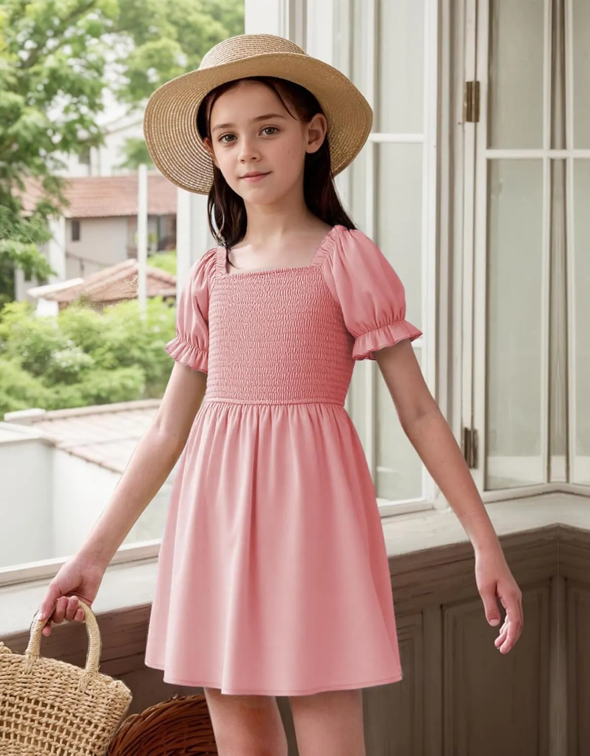 JiAmy Girls Summer Dress Ruffle Puff Sleeve Casual Dresses for Kids Square Neck Smocked Flowy Dress 5-14 Y
