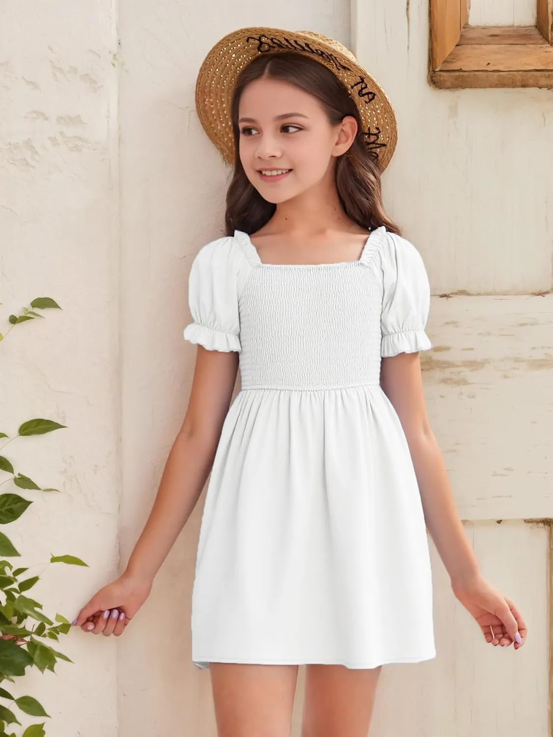 JiAmy Girls Summer Dress Ruffle Puff Sleeve Casual Dresses for Kids Square Neck Smocked Flowy Dress 5-14 Y