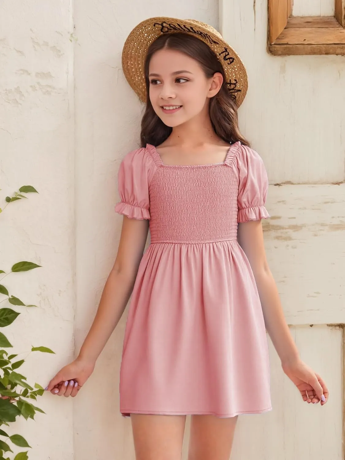 JiAmy Girls Summer Dress Ruffle Puff Sleeve Casual Dresses for Kids Square Neck Smocked Flowy Dress 5-14 Y