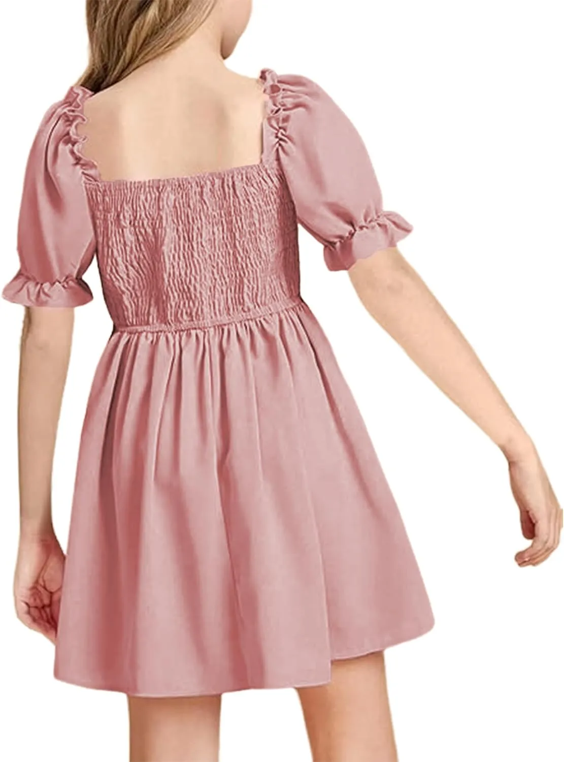 JiAmy Girls Summer Dress Ruffle Puff Sleeve Casual Dresses for Kids Square Neck Smocked Flowy Dress 5-14 Y