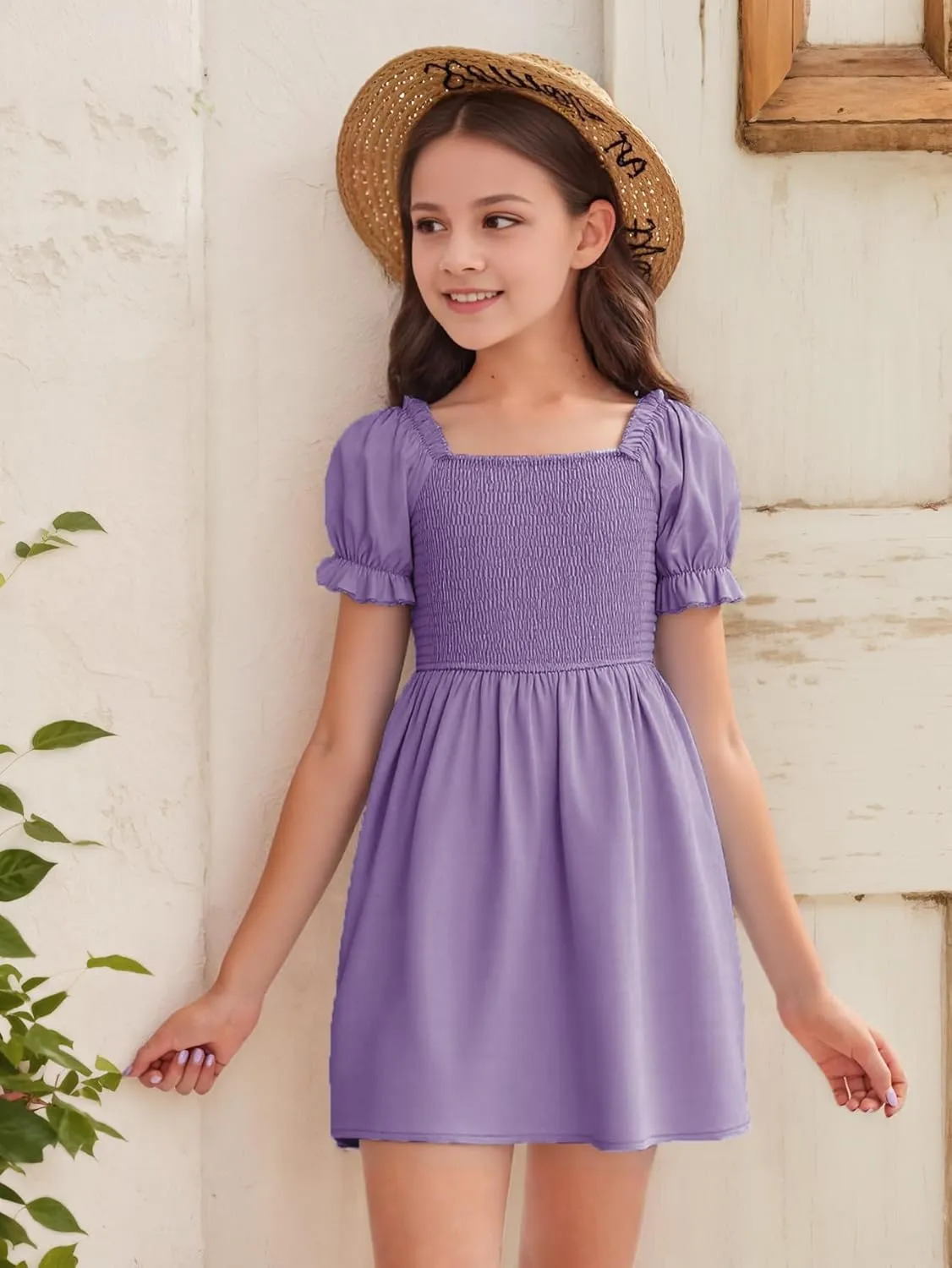 JiAmy Girls Summer Dress Ruffle Puff Sleeve Casual Dresses for Kids Square Neck Smocked Flowy Dress 5-14 Y