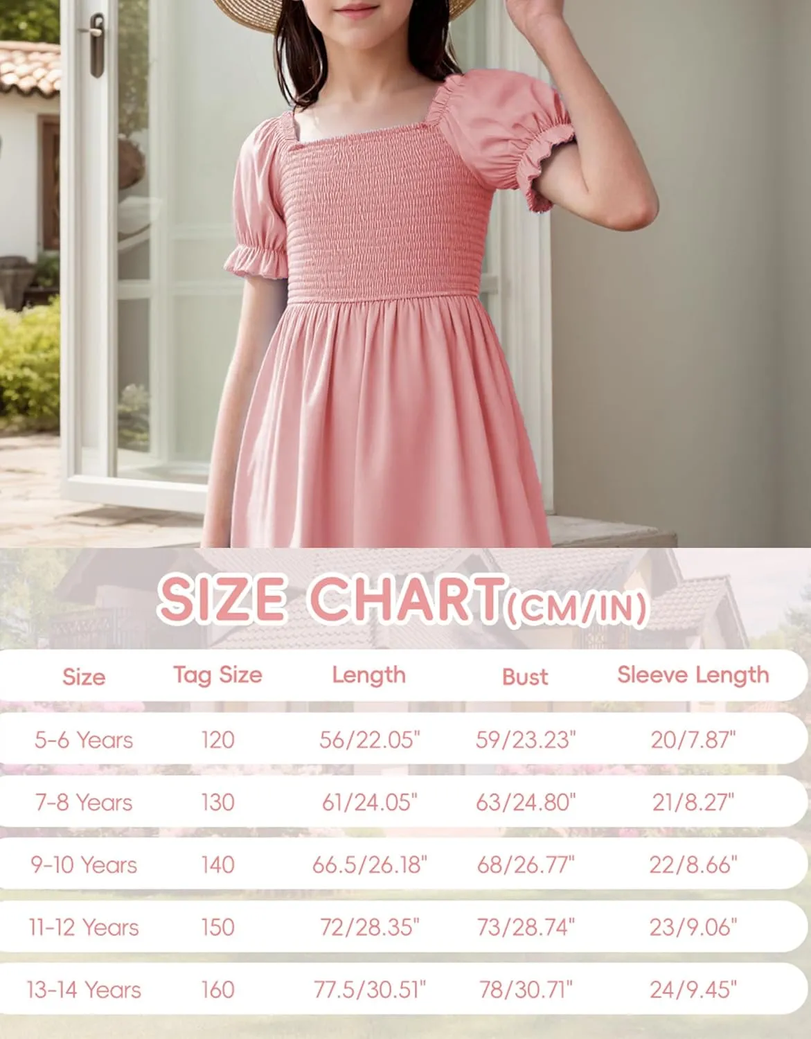 JiAmy Girls Summer Dress Ruffle Puff Sleeve Casual Dresses for Kids Square Neck Smocked Flowy Dress 5-14 Y