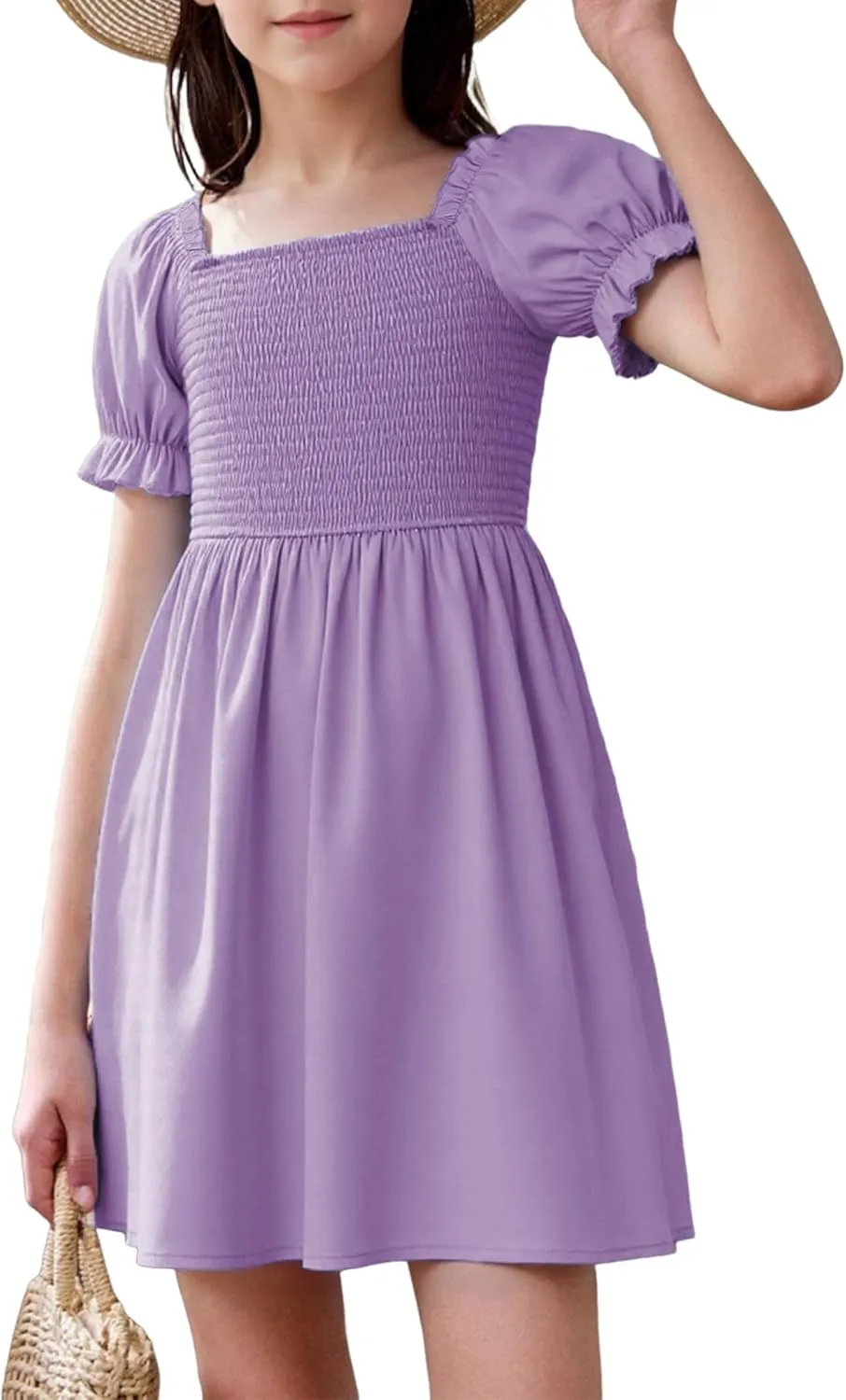 JiAmy Girls Summer Dress Ruffle Puff Sleeve Casual Dresses for Kids Square Neck Smocked Flowy Dress 5-14 Y
