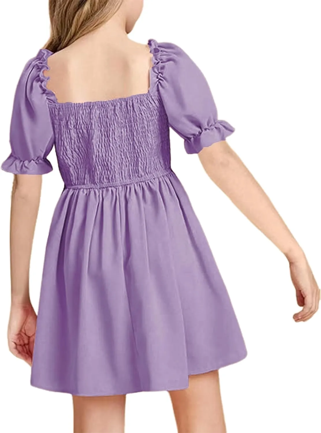 JiAmy Girls Summer Dress Ruffle Puff Sleeve Casual Dresses for Kids Square Neck Smocked Flowy Dress 5-14 Y