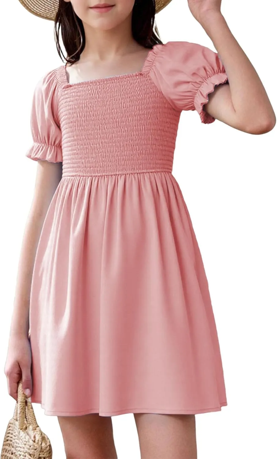 JiAmy Girls Summer Dress Ruffle Puff Sleeve Casual Dresses for Kids Square Neck Smocked Flowy Dress 5-14 Y