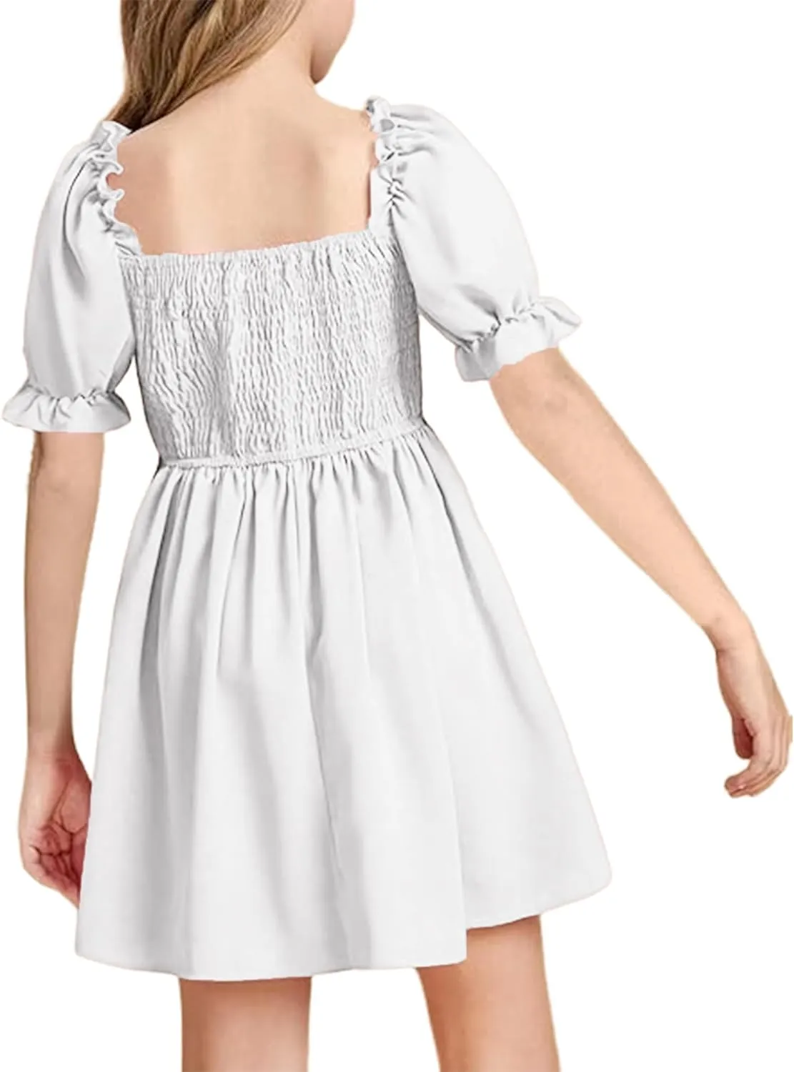 JiAmy Girls Summer Dress Ruffle Puff Sleeve Casual Dresses for Kids Square Neck Smocked Flowy Dress 5-14 Y