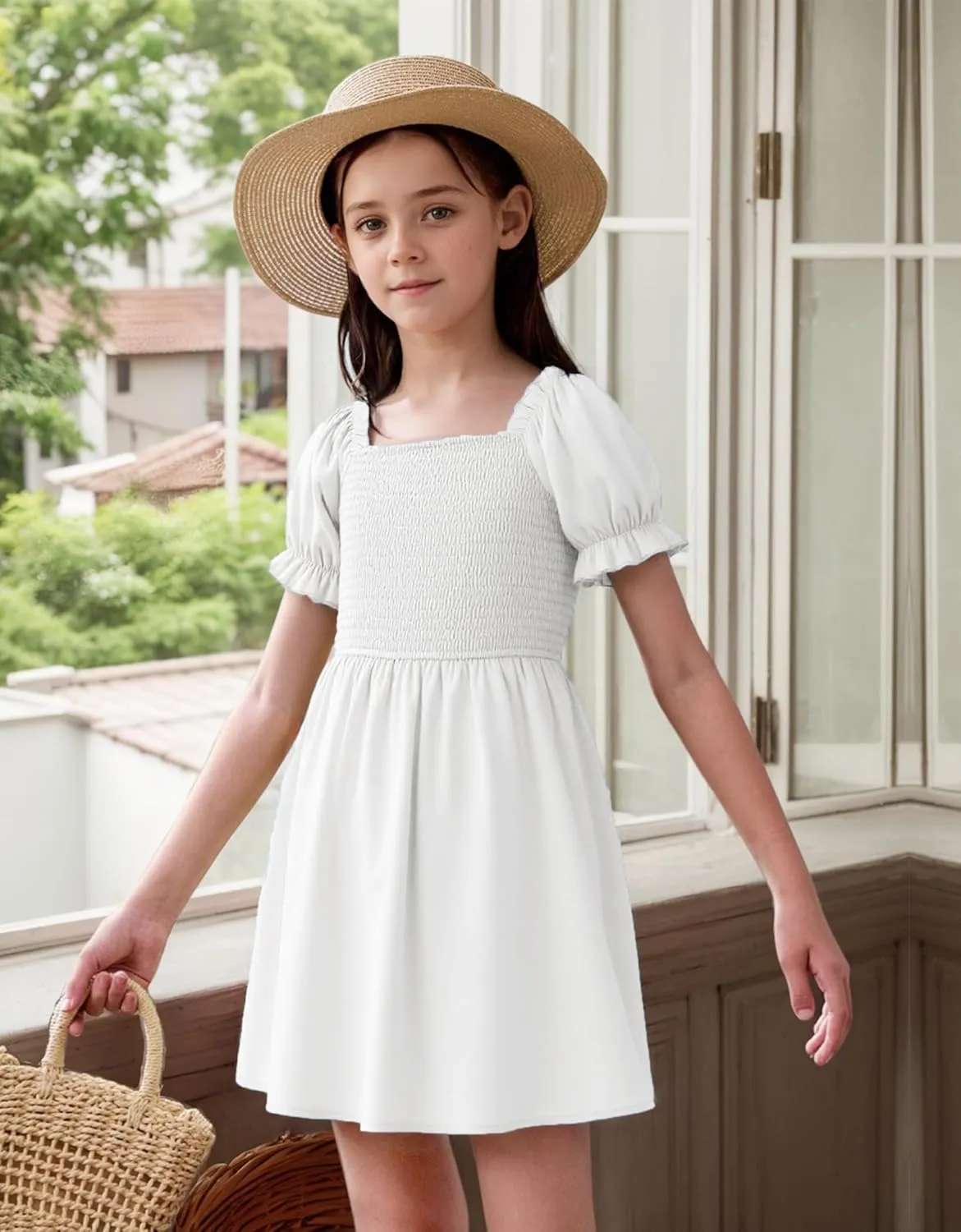 JiAmy Girls Summer Dress Ruffle Puff Sleeve Casual Dresses for Kids Square Neck Smocked Flowy Dress 5-14 Y