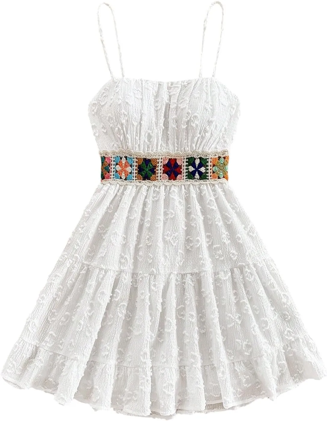 MakeMeChic Women's Floral Crochet Shirred Mini Dress Spaghetti Strap A Line Cami Dresses