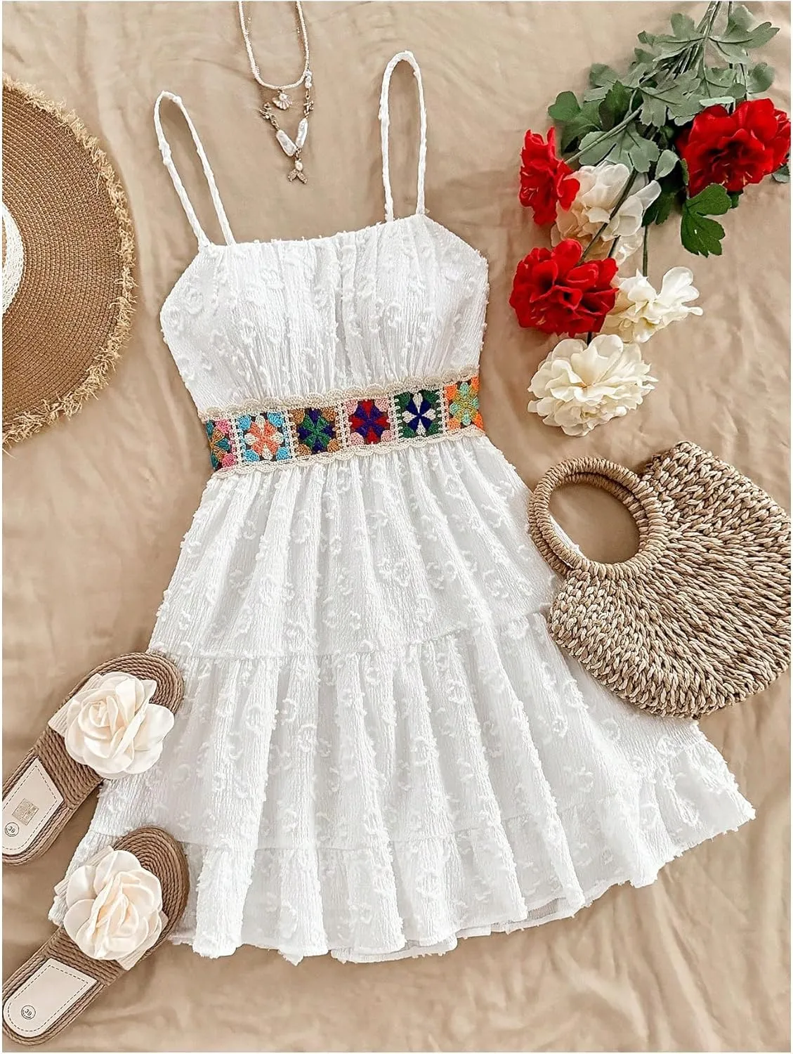 MakeMeChic Women's Floral Crochet Shirred Mini Dress Spaghetti Strap A Line Cami Dresses