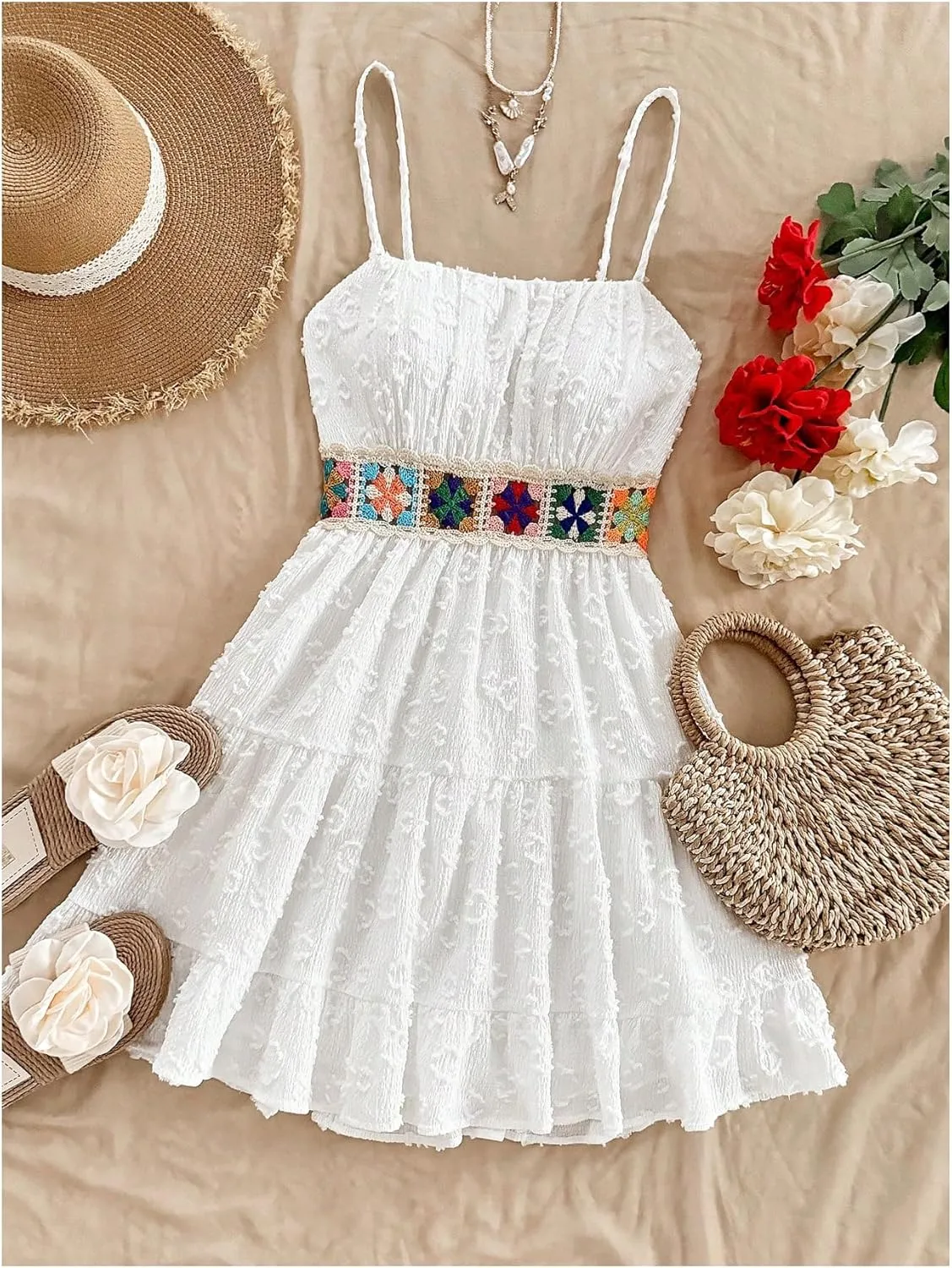 MakeMeChic Women's Floral Crochet Shirred Mini Dress Spaghetti Strap A Line Cami Dresses