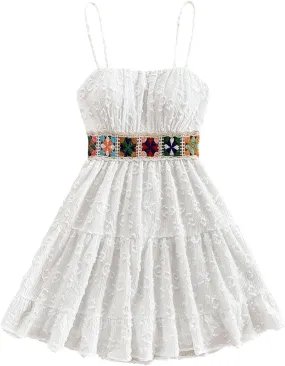 MakeMeChic Women's Floral Crochet Shirred Mini Dress Spaghetti Strap A Line Cami Dresses