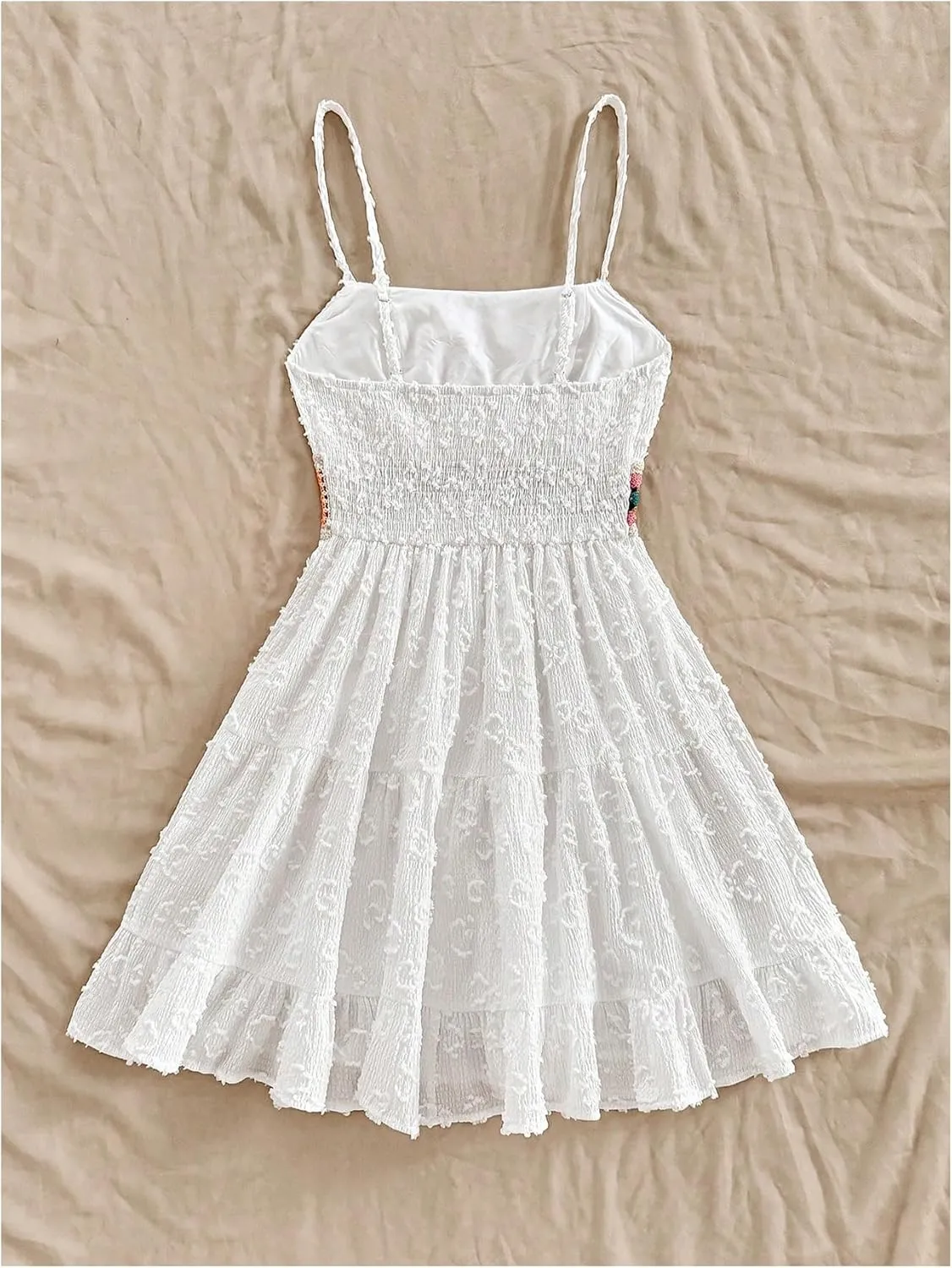 MakeMeChic Women's Floral Crochet Shirred Mini Dress Spaghetti Strap A Line Cami Dresses