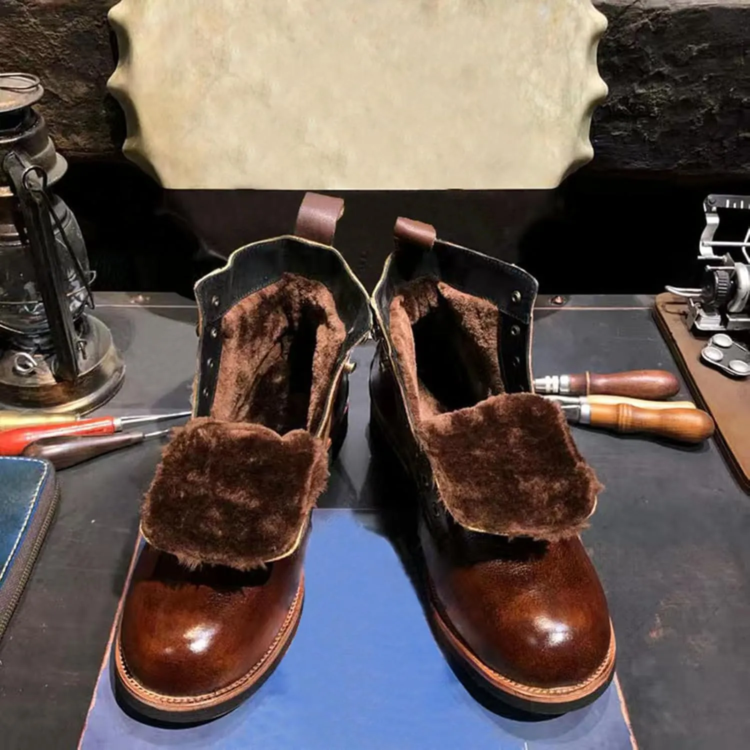 Mens Casual Leather Shoes Ankle Chukka Boots Lightweight Warm Fur Lining Walking Driving Shoes for Male