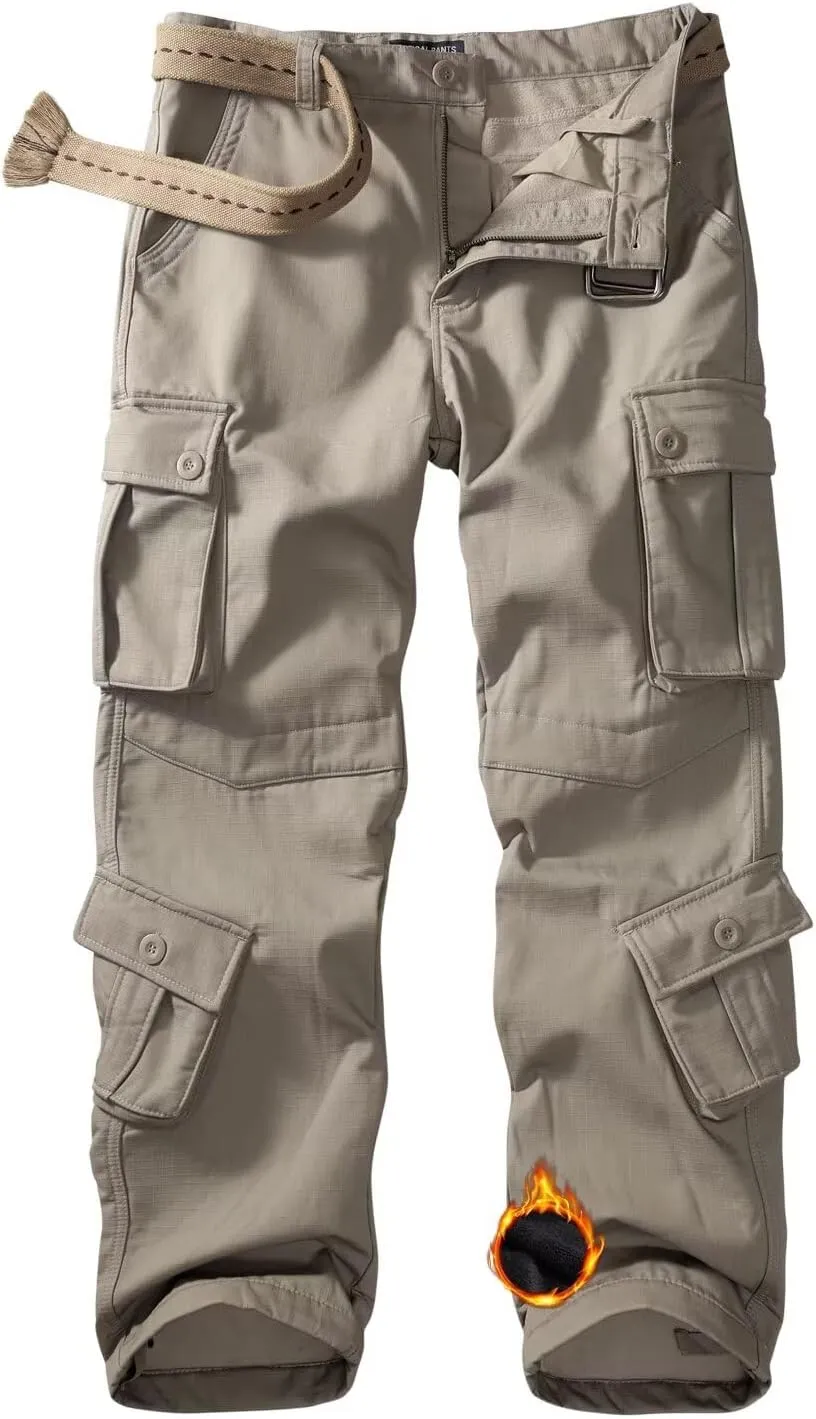 Men's Fleece Lined Camo Hiking Tactical Ripstop Pants Winter Outdoor Work Cargo Pants with 8Pockets No Belt