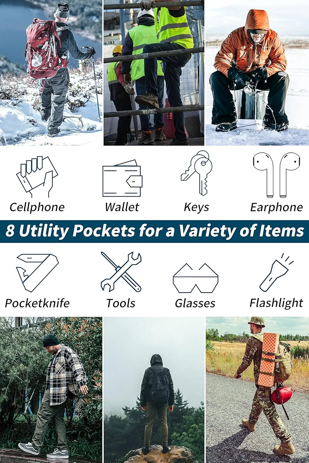 Men's Fleece Lined Camo Hiking Tactical Ripstop Pants Winter Outdoor Work Cargo Pants with 8Pockets No Belt