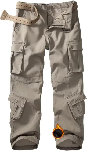 Men's Fleece Lined Camo Hiking Tactical Ripstop Pants Winter Outdoor Work Cargo Pants with 8Pockets No Belt