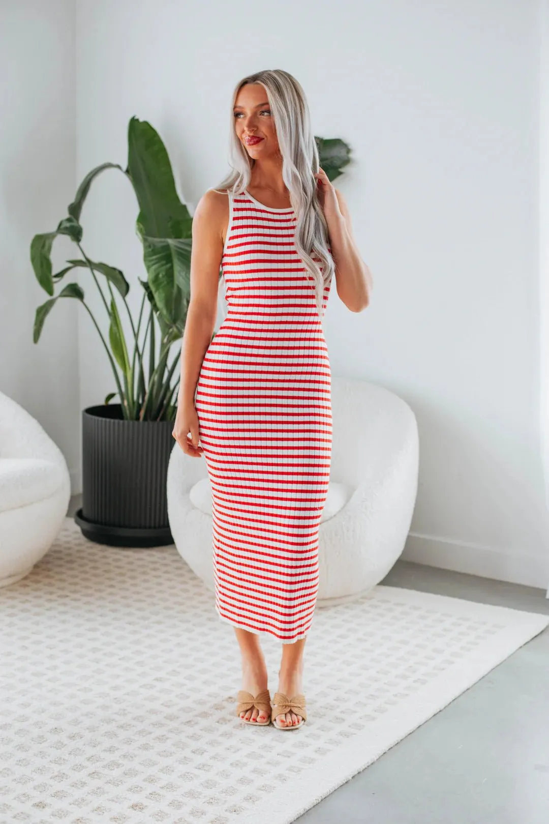 Red and White Striped Midi Dress