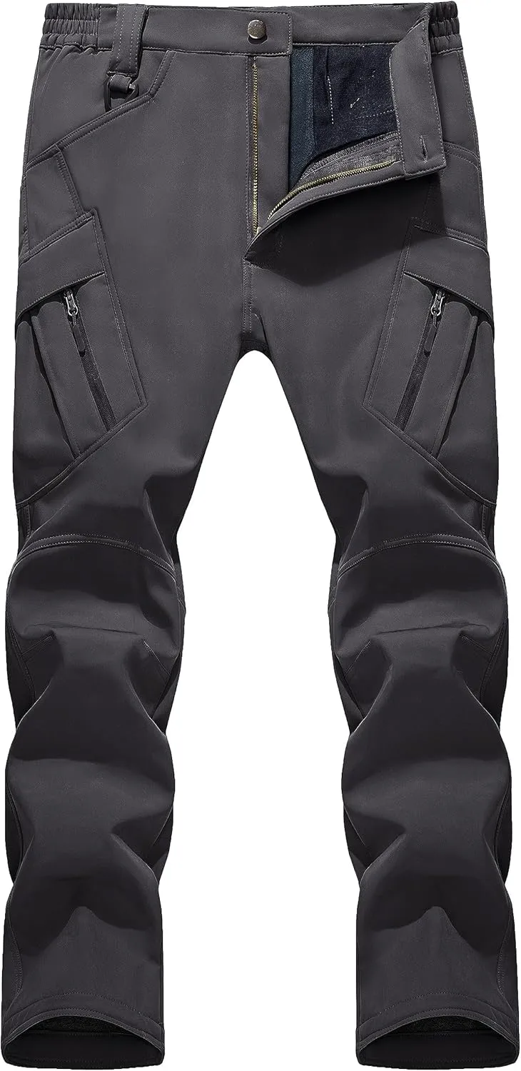TACVASEN Men's Winter Pants 9 Pockets Fleece Snow Hiking Pants Water-Resistant Warm Softshell Thick Tactical Pants