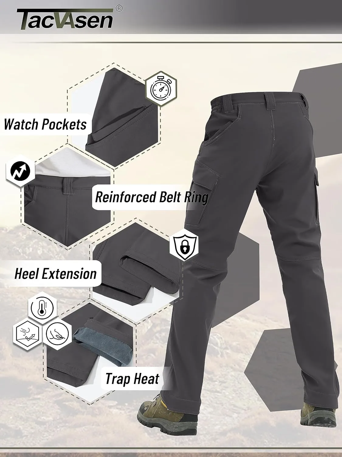 TACVASEN Men's Winter Pants 9 Pockets Fleece Snow Hiking Pants Water-Resistant Warm Softshell Thick Tactical Pants