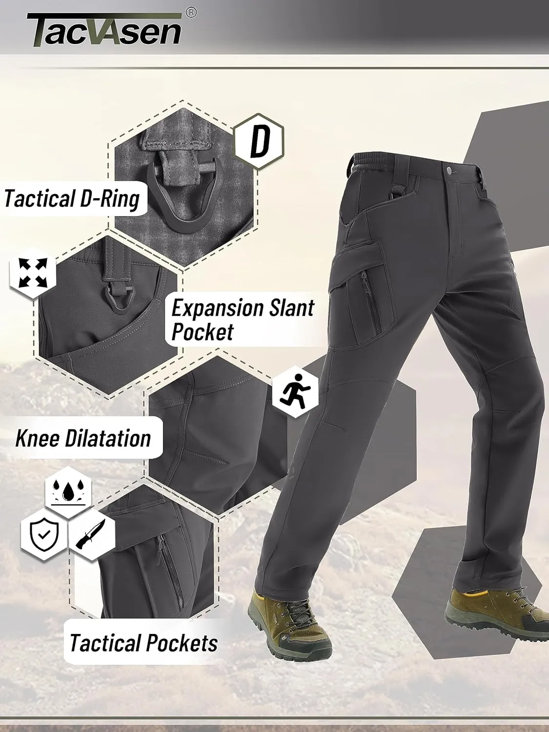 TACVASEN Men's Winter Pants 9 Pockets Fleece Snow Hiking Pants Water-Resistant Warm Softshell Thick Tactical Pants