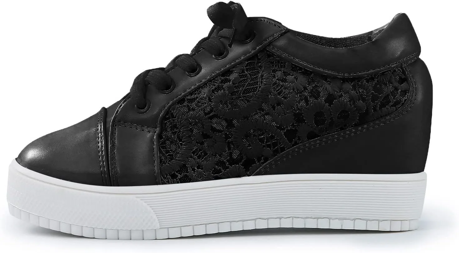 Women's Lace Floral Hidden Wedge Sneakers PU Leather Breathable Mesh Lace-up Platform Walking Shoes Lightweight Black