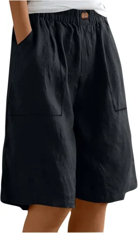 Womens Linen Bermuda Shorts Knee Length High Waisted Capris with Pockets Loose Fit Wide Leg Shorts for Summer