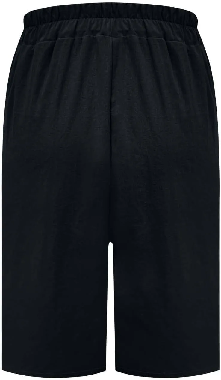 Womens Linen Bermuda Shorts Knee Length High Waisted Capris with Pockets Loose Fit Wide Leg Shorts for Summer