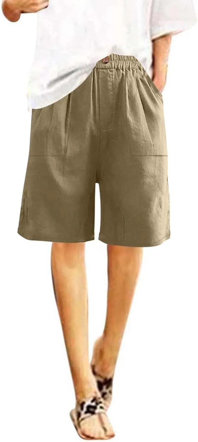Womens Linen Bermuda Shorts Knee Length High Waisted Capris with Pockets Loose Fit Wide Leg Shorts for Summer
