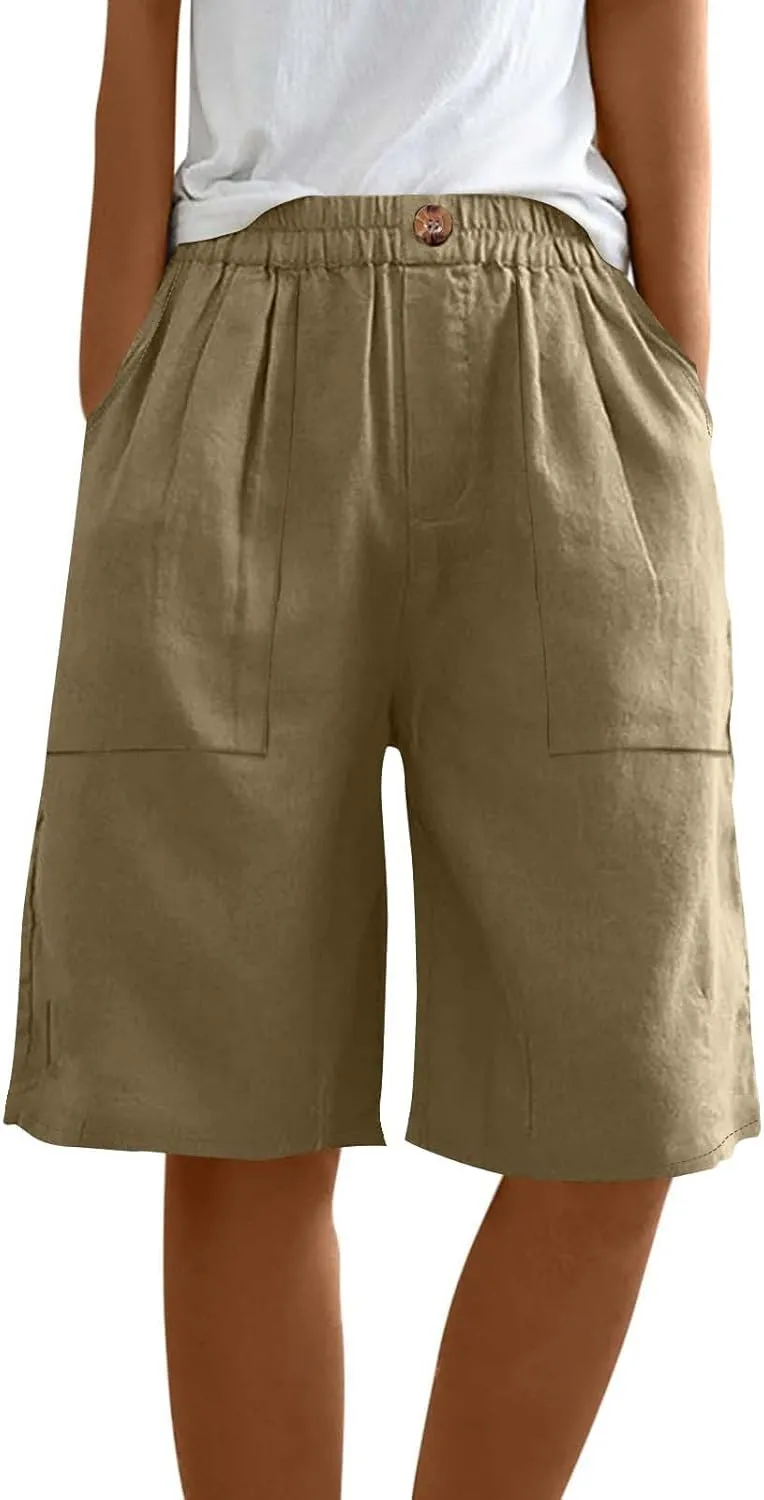 Womens Linen Bermuda Shorts Knee Length High Waisted Capris with Pockets Loose Fit Wide Leg Shorts for Summer