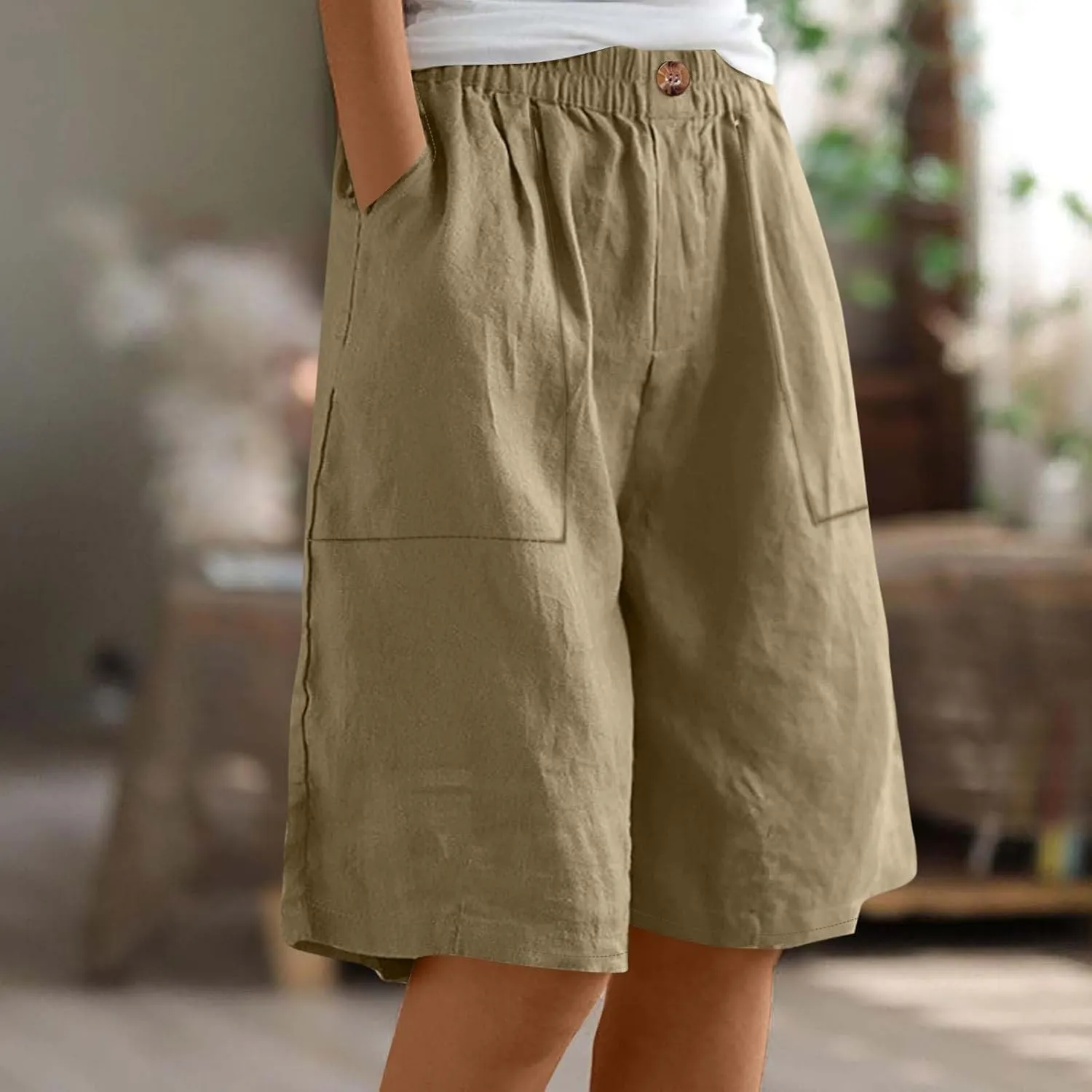 Womens Linen Bermuda Shorts Knee Length High Waisted Capris with Pockets Loose Fit Wide Leg Shorts for Summer