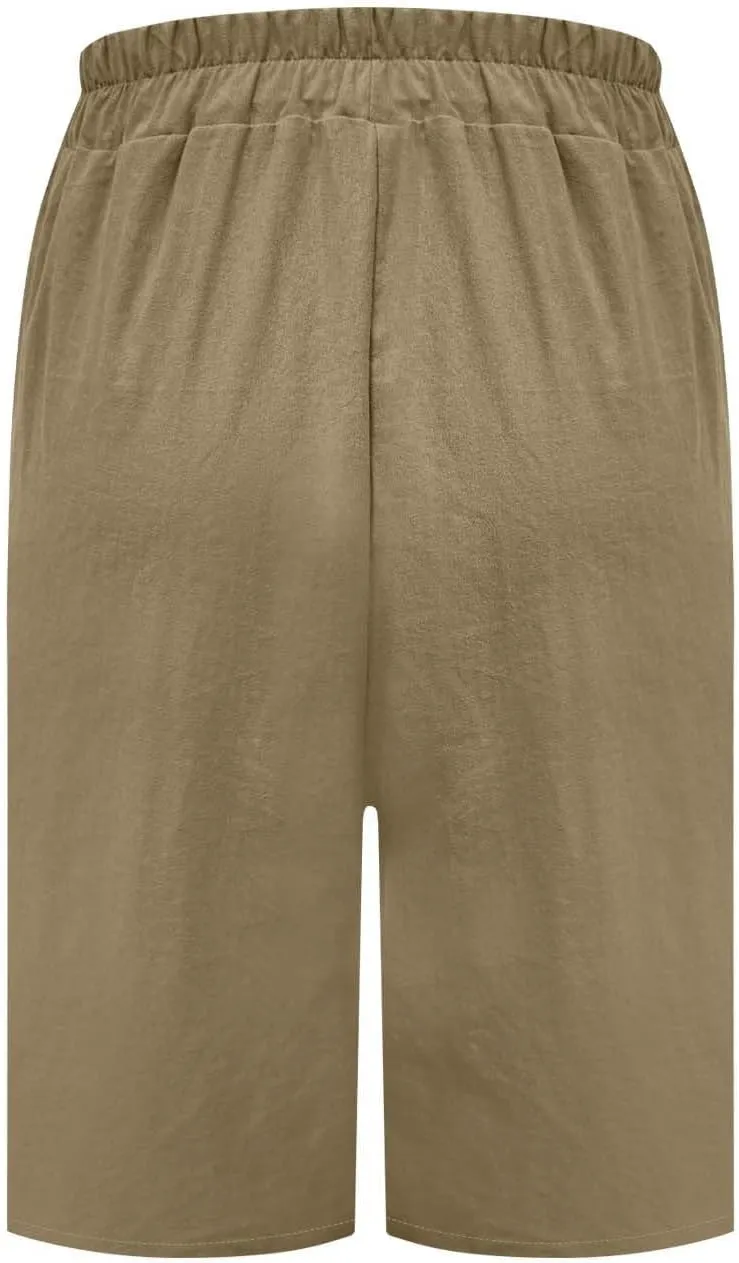 Womens Linen Bermuda Shorts Knee Length High Waisted Capris with Pockets Loose Fit Wide Leg Shorts for Summer