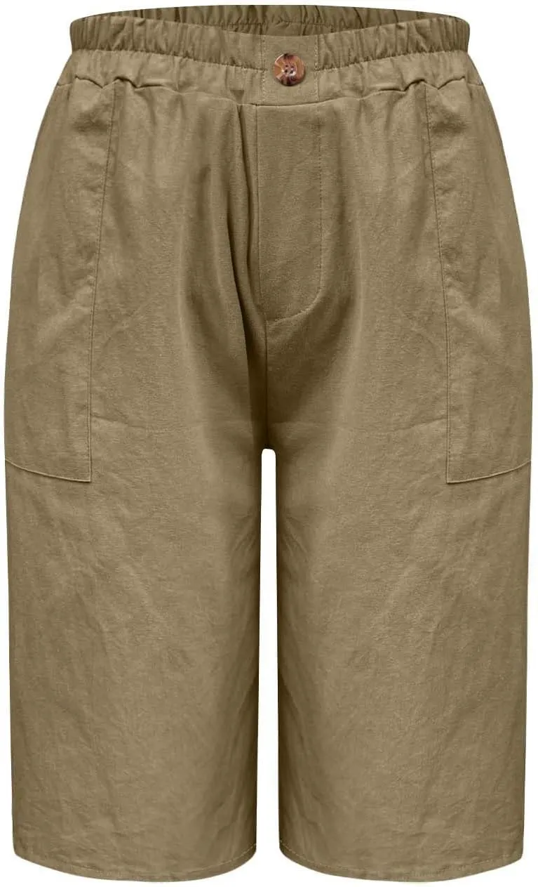 Womens Linen Bermuda Shorts Knee Length High Waisted Capris with Pockets Loose Fit Wide Leg Shorts for Summer