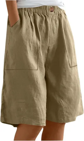 Womens Linen Bermuda Shorts Knee Length High Waisted Capris with Pockets Loose Fit Wide Leg Shorts for Summer